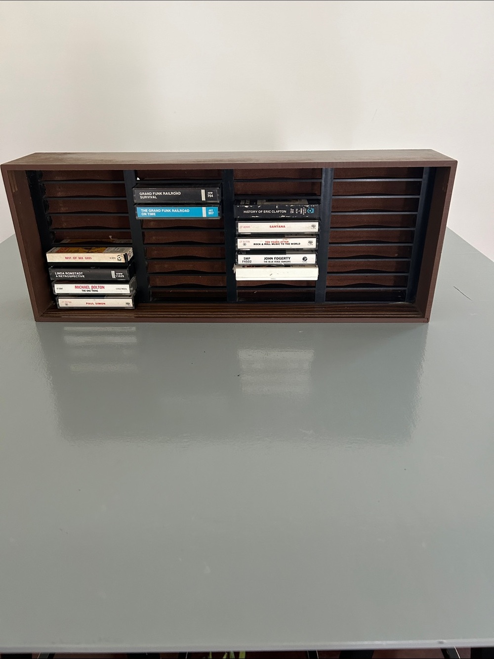 11 Vintage Cassette Tapes and Wooden Cassette Storage Shelf - Brown see pics